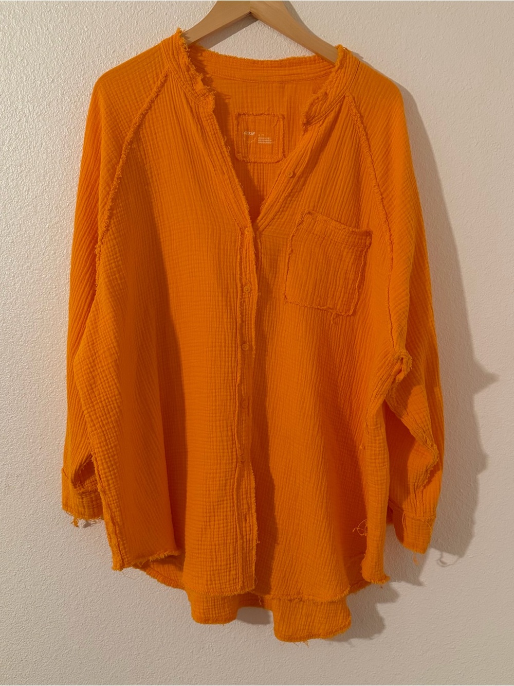 Aerie Pool To Party Gauze Button Down Shirt XL Orange 100% Cotton Raw Hem